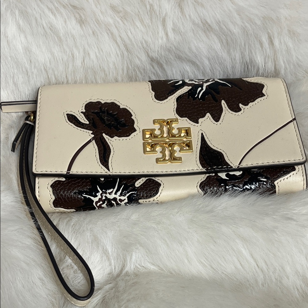 Tory Burch Floral Clutch in Cream and Brown